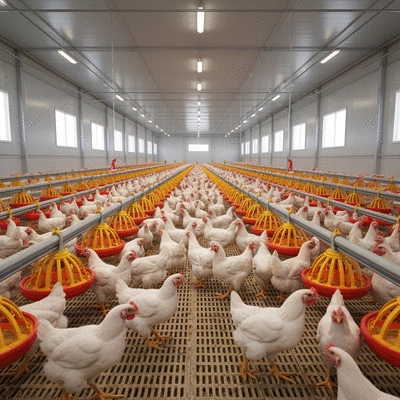 Modern poultry farm interior with automated feeding systems and healthy chickens, clean, well-lit, no text, no words, no typography, 8K