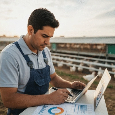 Farmer reviewing financial charts for poultry farming profitability