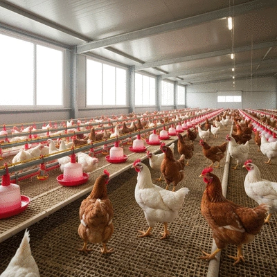 Modern poultry farm with chickens in a clean, spacious environment, natural lighting