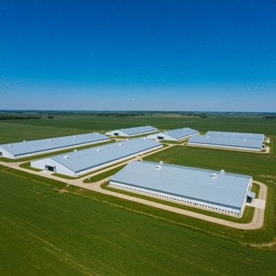 Overhead view of a modern, well-maintained poultry farm with several large barns and green surrounding fields under a clear sky, no text, no words, no typography, no labels, clean image