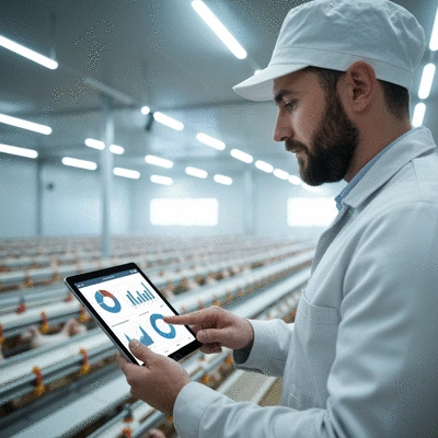 Farmer using a tablet to monitor poultry farm data, showing charts and graphs, clean and modern setting