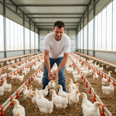 Poultry farmer examining chickens in a clean coop
