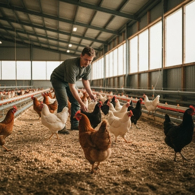 Farmer checking on healthy chickens in a clean, spacious coop, conveying animal welfare