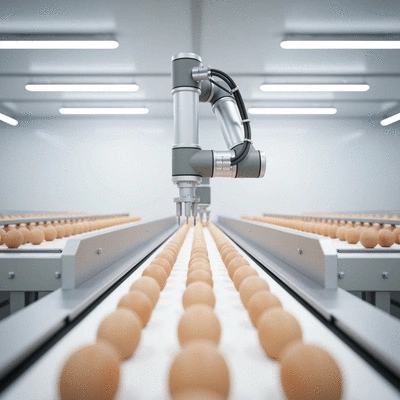 Robotic arm precisely placing eggs on a conveyor belt in a modern poultry farm