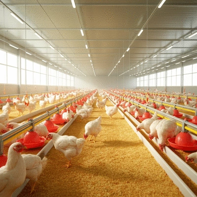 Modern poultry farm interior with healthy chickens
