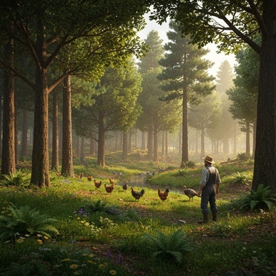 Chickens, turkeys, and quails in a free-range farm environment, with a farmer observing in the background