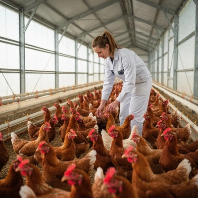 Poultry farmer inspecting flock health in a clean, modern coop
