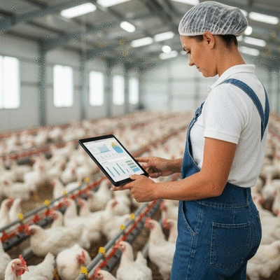 A farmer using a tablet to monitor poultry farm data, with chickens visible in the blurred background, modern technology, clean and bright environment, no text, no words, no typography, no labels, clean image