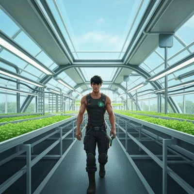 Modern farmer analyzing financial data on a tablet, with a poultry farm visible in the background, representing strategy evaluation