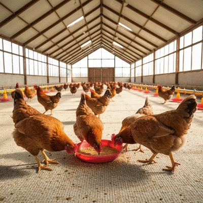 Happy, healthy chickens freely roaming in a spacious, well-lit poultry house