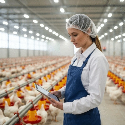 Modern poultry farmer using a tablet to monitor flock health and environmental conditions in a high-tech barn, clean image, no text, no words, no typography, 8K