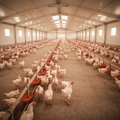 Modern poultry farm with broilers in a clean, spacious enclosure