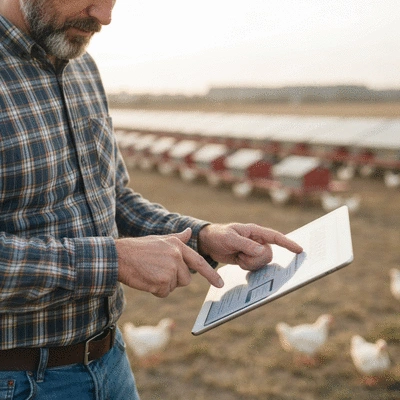 Farmer reviewing poultry farm business plan on tablet