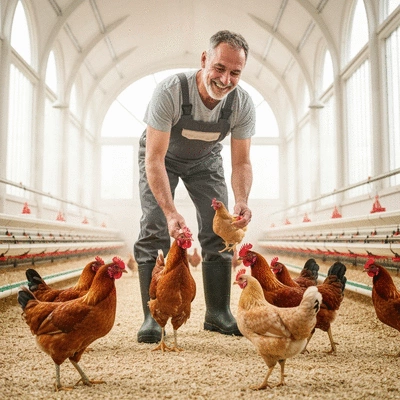 Poultry farmer examining healthy chickens in a modern, clean coop, representing diversified farming