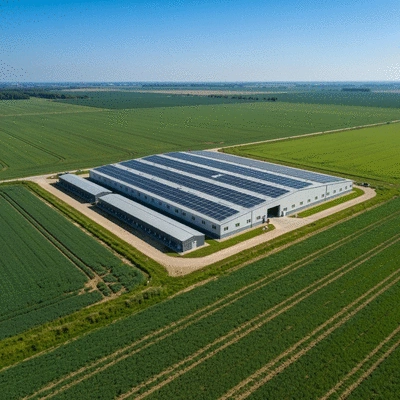 Modern poultry farm with solar panels on the roof and green fields around, illustrating sustainable practices