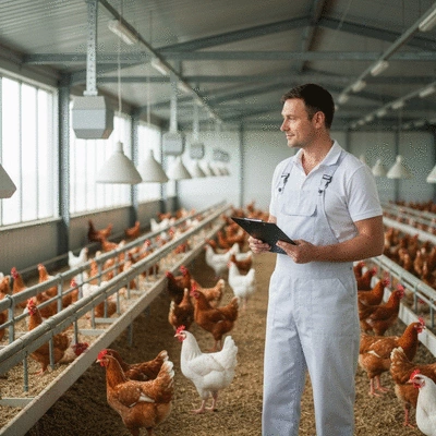 Modern poultry farmer checking on healthy chickens in a clean coop