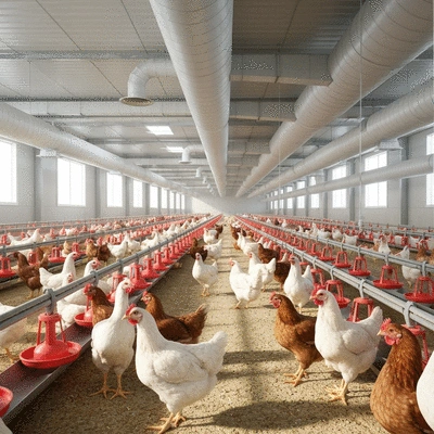 Modern poultry farm interior with healthy chickens and good lighting