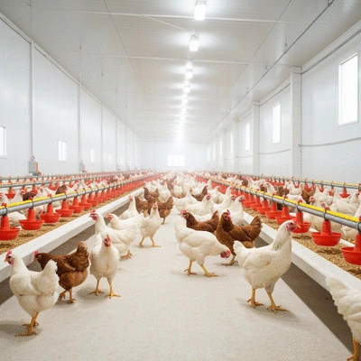 Modern poultry farm interior with healthy chickens