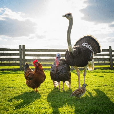 Diverse group of poultry: a chicken, a turkey, an ostrich, and a quail standing together in a natural farm setting