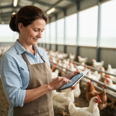 Poultry farmer using a tablet to monitor smart farm data with chickens in the background, modern, clean, no text, no words, no typography, 8K