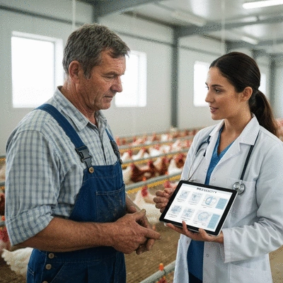 Veterinarian consulting with a poultry farmer on biosecurity protocols