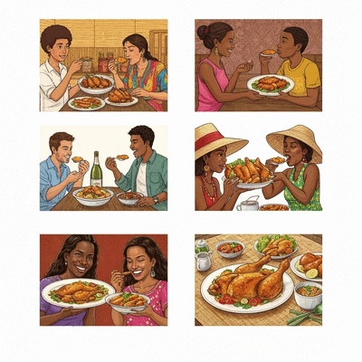 Diverse group of people from different regions enjoying poultry dishes