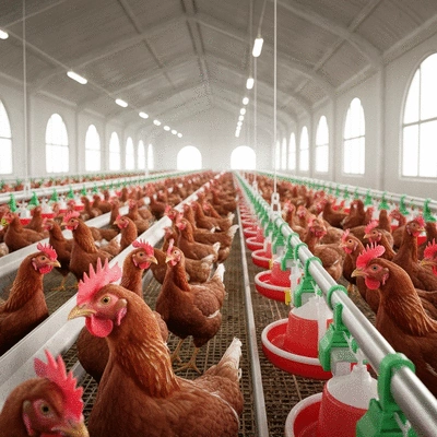 Modern poultry farm interior with birds and automated feeding systems