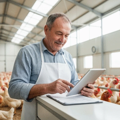 Farmer reviewing financial records on a tablet in a modern poultry farm, with chickens visible in the background