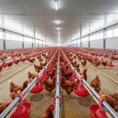 Modern poultry farm with automated feeding systems and healthy chickens