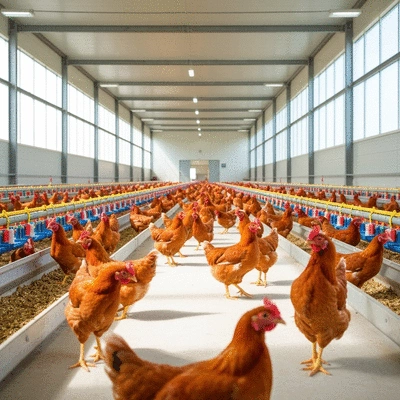 Modern poultry farm with healthy chickens in a clean environment, bathed in natural light, no text, no words, no typography, 8K, clean image