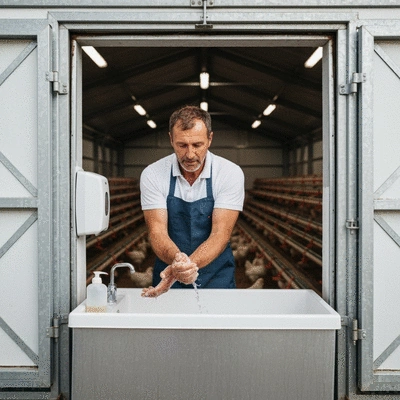 Poultry farmer washing hands before entering a chicken coop