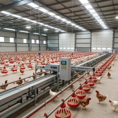 Automated poultry feeding system in a modern barn